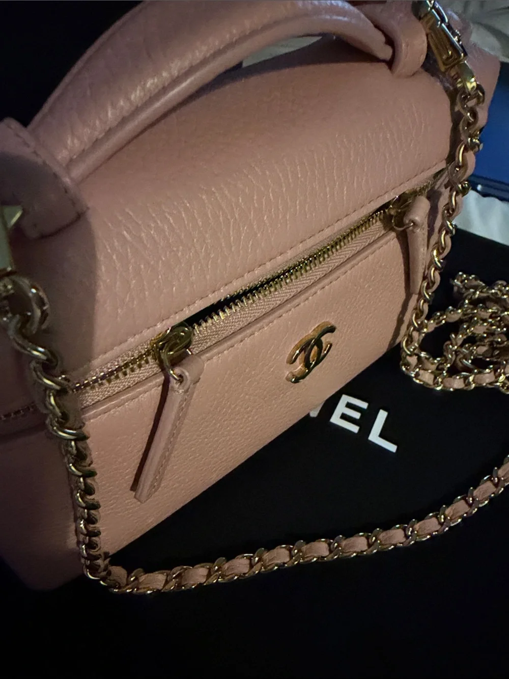 100% CHANEL Pink Pebbled Leather vanity Mini Bag with Gold Hardware with